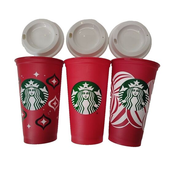 Starbucks Reusable Holiday Tumblers Red Set of 3 2013/23/24 Christmas Cup 16 Oz - Picture 7 of 10